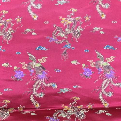 4 Japanese Brocade Fabric Satin Red Dragon Gold Kimono Material Piece, 30” X 72”