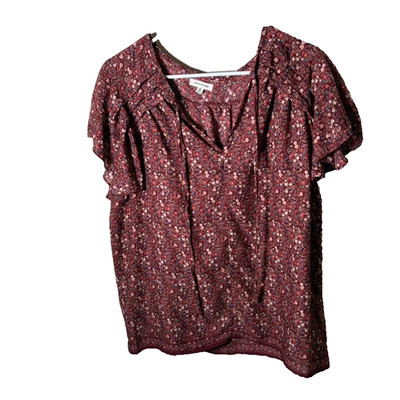 Max Studio Blouse Women's XL V-Neck Puff Sleeve Lightweight Floral Shirt