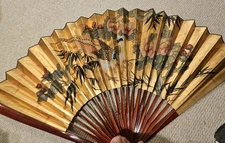 Vintage Large Oriental Asian Folding Wall Fan Decor Hand Painted 60 x 30 inches