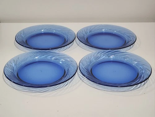 NEW Pyrex Festiva Blue Cobalt Salad Bread Plate Set 4 Swirl Vintage 7.5" Glass