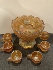 Vintage Thumbelina Orange Carnival Glass Punch Bowl 4” With 6 Cups With Handles