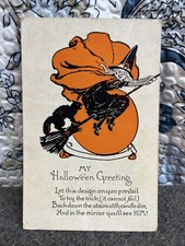 Antique/Vintage Halloween Greeting Card with Witch On Broom, Black Cat with Moon