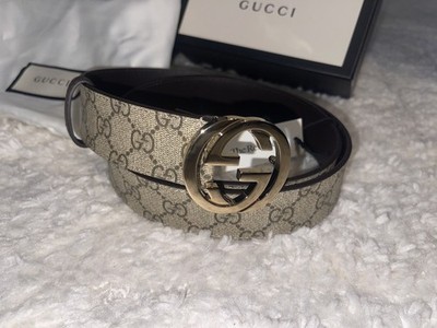 Authentic Gucci Brown GG Supreme Gold Interlocking G Buckle Belt Size 85