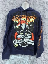 Ed Hardy Mens Size M Blue Berry Death Before Dishonor Fleece Pullover Hoodie NWT