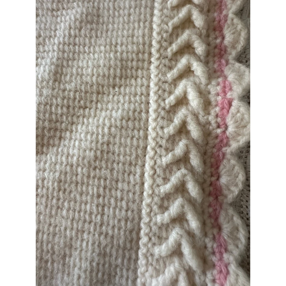 Vintage Crocheted pink Bunny Baby girl Blanket nursery hand made retro 40x28”  - Image 4 of 4