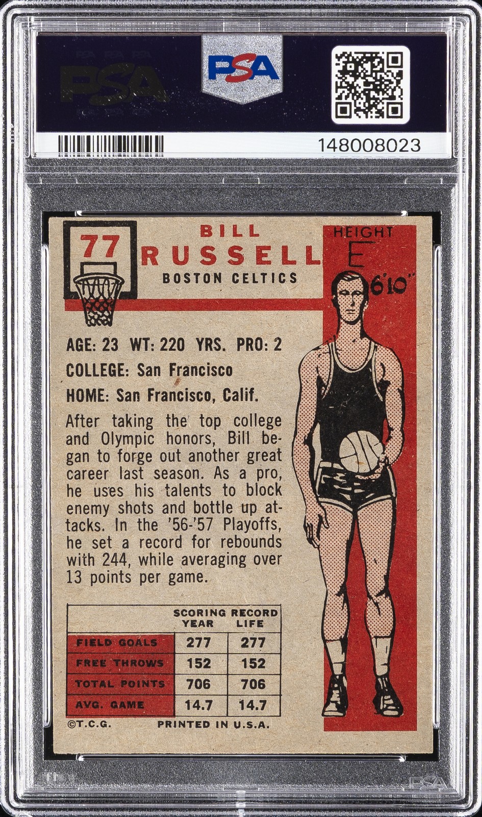 1957 TOPPS #77 BILL RUSSELL PSA 4 view 2