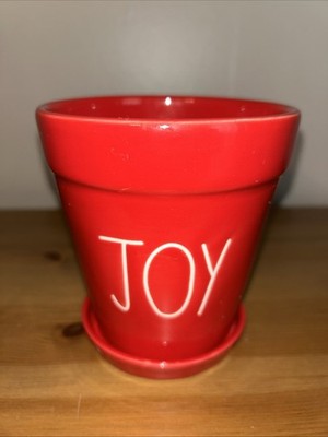 Rae Dunn Magenta Holiday Christmas  Joy  Planter Pot w Base Red 5 Hx4.5 D NEW