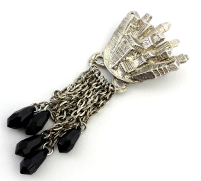 Art Deco City Skyline Brooch Black Briolette Drops Chain Fringe 30s Architecture