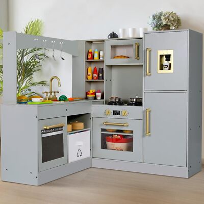 Corner Kids Kitchen Playset Wooden Pretend Cooking Toys W/ Lights & Sounds Gifts