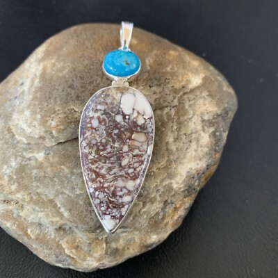 Navajo Wild Horse & Blue Kingman Turquoise Sterling Silver Pendant 12043