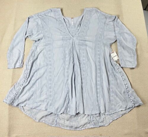 Free People Shirt Womens Top S Light Blue V-neck Peasant Long Sleeve New $108