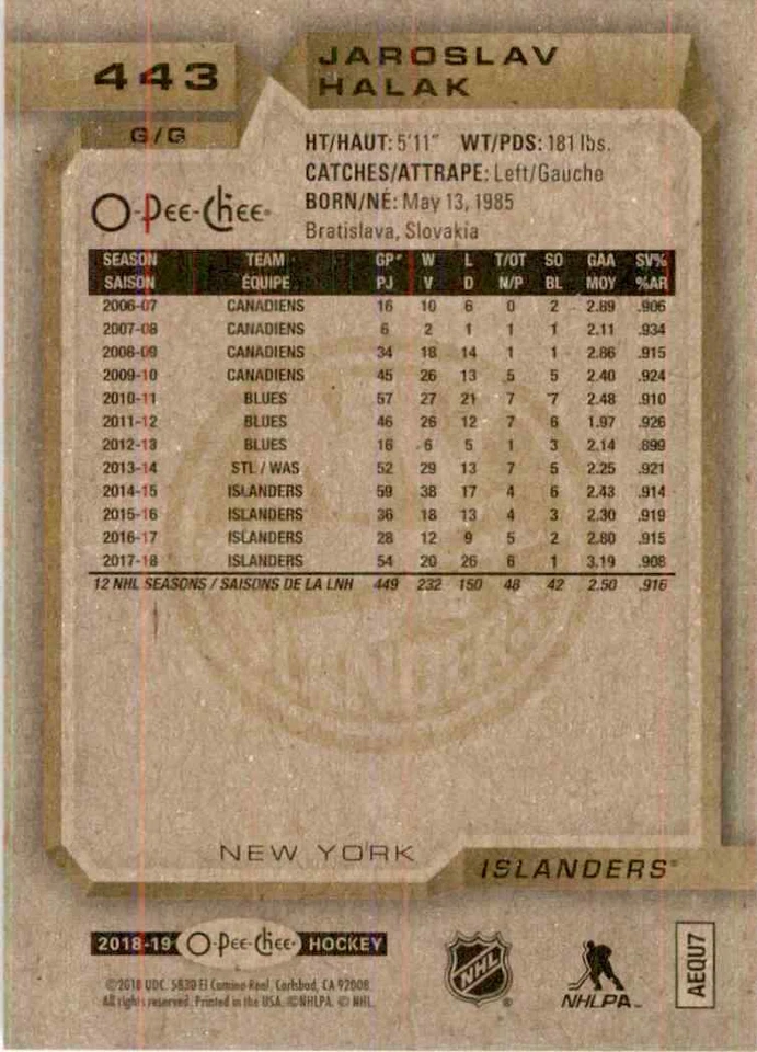 2018-19 O-Pee-Chee Jaroslav Halak #443 - Image 2 of 2