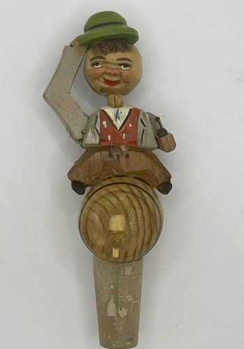 VTG Anri Hand Carved Wood Mechanical Bottle Stopper Figural Man Tips Hat - Picture 1 of 9