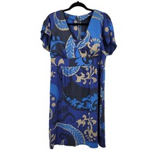 Boden Silk Empire Tea Length Dress 10L Blue Paisley Print Short Sleeve Surplice