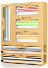 Ziplock Bag Organizer & Foil/Plastic Wrap Dispenser w/Cutter 6 in 1 -Bamboo Wood