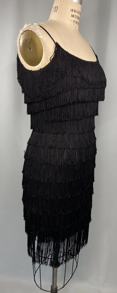 Vestido Vintage TALLA PEQUEÑA Negro Flecos Años 60 Funda Moveo Hecho a Mano Baile Shimmy Foto 4 de 4