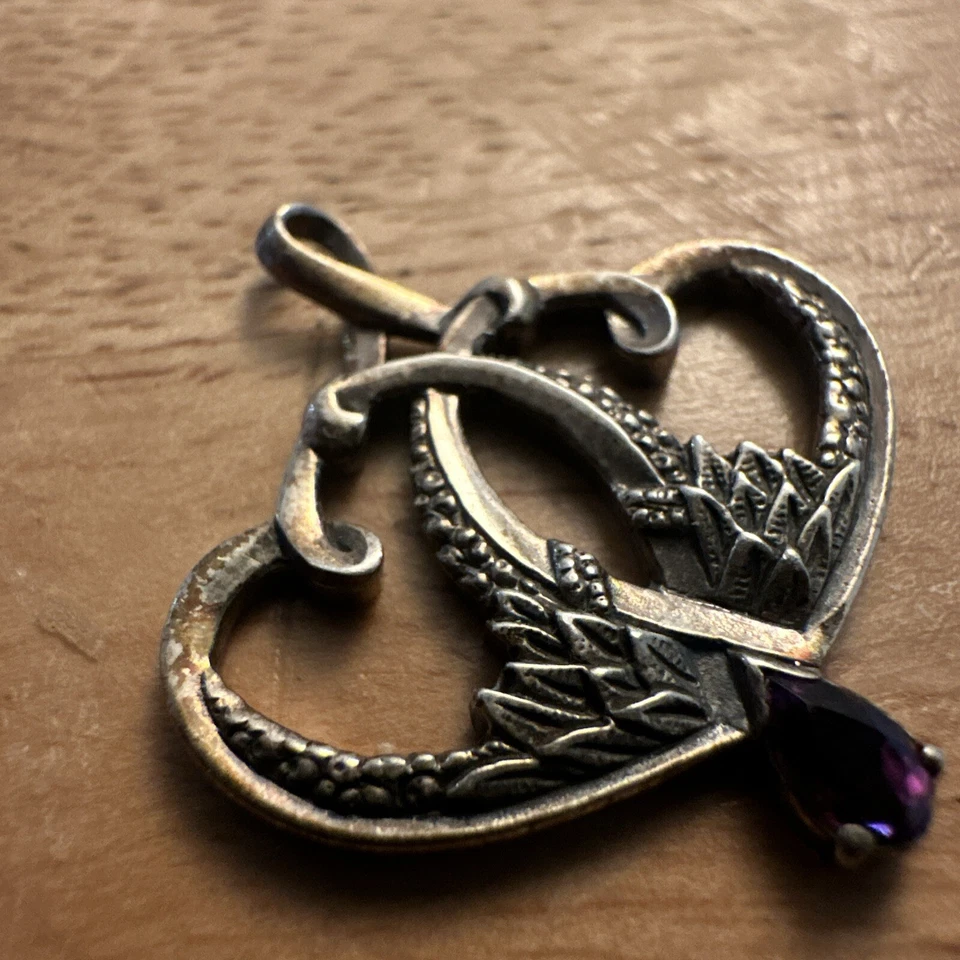 Colgante de plata de ley 925 vintage Franklin Mint FM 83 amatista doble corazón Foto 3 de 4