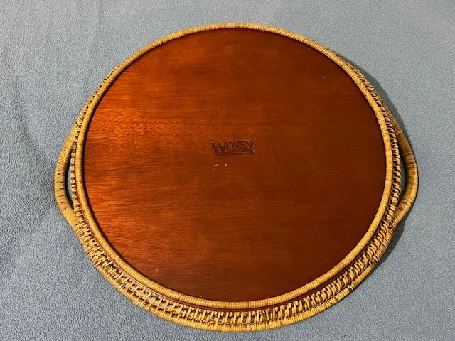 Pampered Chef Woven Selections Round Wicker Serving Basket Tray 15" Handles 20" - Image 2 of 3