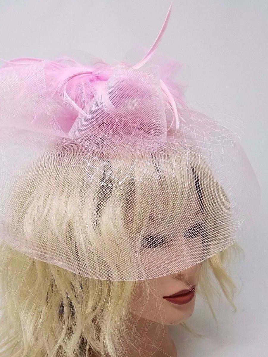 NWOT!! Elegant Pink Fascinator with Netting and Feathers Womens Fascinator Flowers Netting Pink | Masquerade Store main image 4