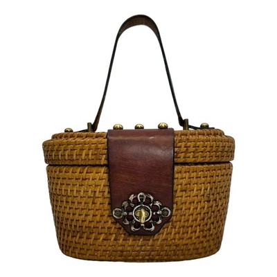 Vintage 60s 70s ETIENNE AIGNER Woven Rattan Leather Basket Bag Nantucket Handbag