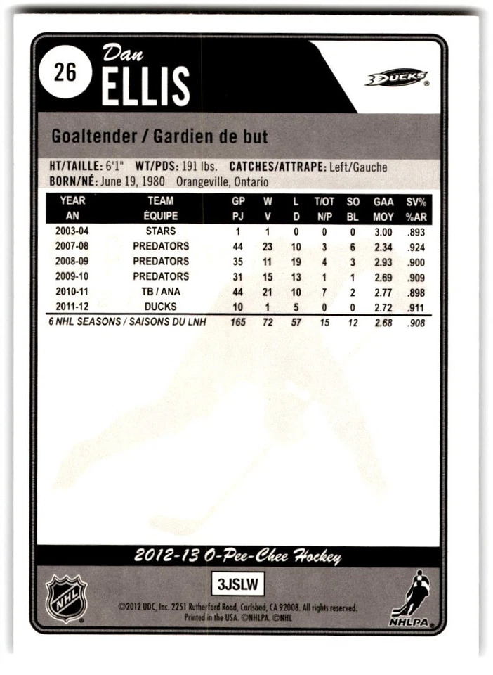 2012-13 O-Pee-Chee Rainbow Dan Ellis #26 Anaheim Ducks - Image 2 of 2