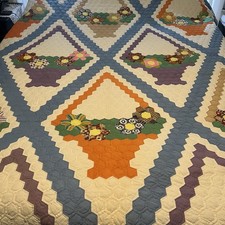 Vintage Handmade Patchwork Pretty Garden Flower Baskets Quilt 108"x 89  