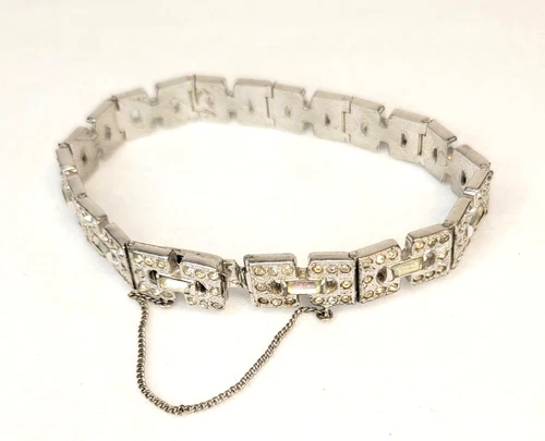 Vtg Kramer of NY Rhinestone Bracelet Art Deco 7" Silver Tone Estate Jewelry
