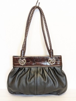 Brighton Black Pebble Leather Shoulder Bag Brown Croc Heart Accent Braided Strap