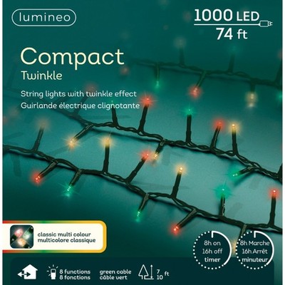 Lumineo 1,000 LED Classic Multi Color Compact Twinkle Lights, Green Wire