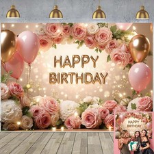 Happy Birthday Backdrop for Women Girl Rose Gold Birthday Photography Background