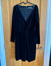 Biba Black Velvet Bodycon Dress V-Neck Long Balloon Sleeve Lined Zip 14