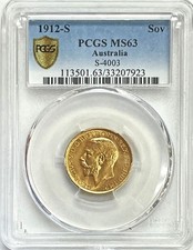 1912 S GOLD AUSTRALIA SOVEREIGN KING GEORGE V COIN PCGS MINT STATE 63