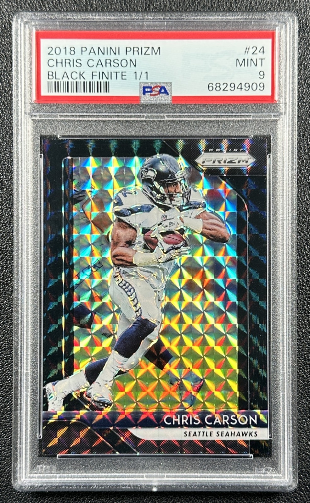 1/1 CHRIS CARSON PSA 9 2018 PANINI PRIZM #24 BLACK FINITE PRIZMS 1/1 SEAHAWKS