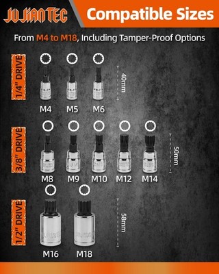 JU JIAN TEC XZN Triple Square Spline Bit Socket Set, 10 Piece