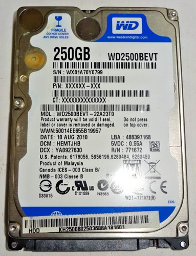 WESTERN DIGITAL *** WD2500BEVT*** 250 GB *** SATA HDD Notebook 2,5 Zoll #NFP1339