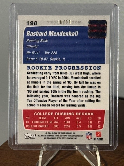 Rashard Mendenhall #198 2008 Topps Rookie Progression AUTO - 10/10 Book End RC - Image 2 of 2