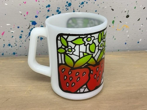 Vintage Federal Milk Glass Stained Glass Strawberry Mug