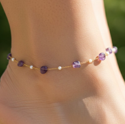 Elegant Gold Tone Anklet Minimalist Boho Pearl Amethyst Beaded Pattern Anklet