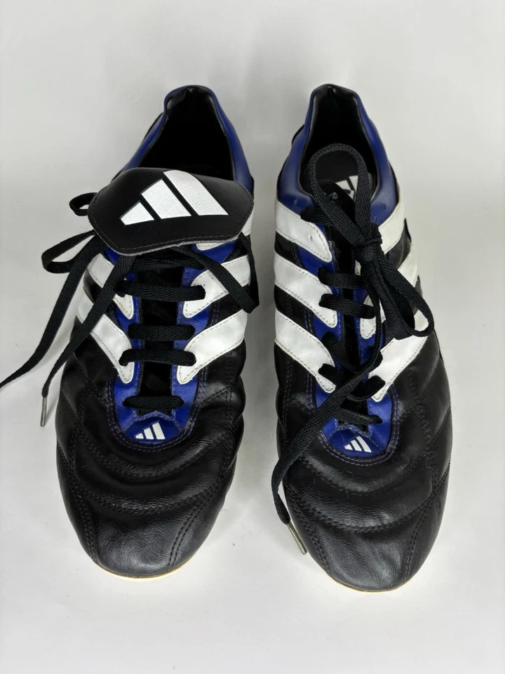 Botines de fútbol Adidas para hombre talla 12 con cordones negro blanco azul cuero  - Imagen 2 de 4