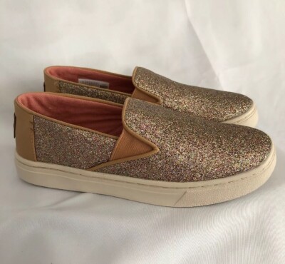 TOMs Girls 2Y Gold Glitter Canvas Slip On Sneakers Shoes
