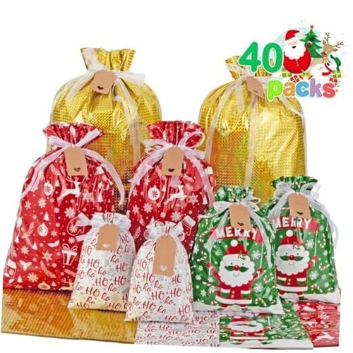 Christmas Drawstring Gift Bags with Tags - 40 Pcs Christmas Gift Bag Assorted