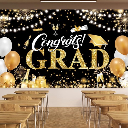 Graduation Banner 2025 Black and Gold - 72.8X43.3 Inch Congrats Grad Backdrop fo - Picture 6 of 7