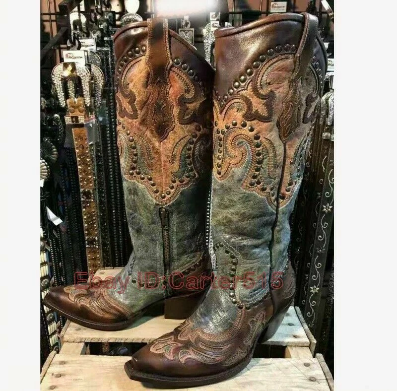 Mujeres Motociclista Vaquera Botas de Vaquero Remache Tacón Bloque Medio Ancho Pantorrilla Zapatos Occidentales Foto 4 de 4