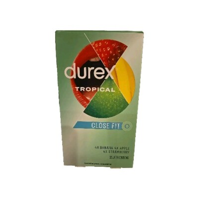 12 Durex Tropical Flavors Close Fit Condoms, Apple Banana Strawberry, Exp 07/28