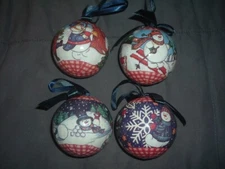 Paper Mache Christmas Ornaments Frosty & Friends Lot of 4 Vintage Ball Ribbon
