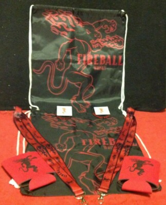 Lot Pair NEW Fireball Whisky Concert Tailgate String Backpack Lanyard Coozi Kit 