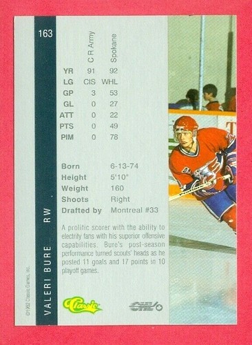 1992 CLASSIC 4-SPORT DRAFT PICK COLLECTION (HKY) Valeri Bure RC CARD #163 - Picture 2 of 2