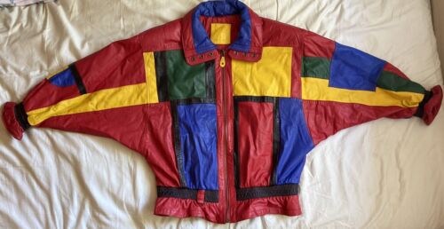 Vintage gemischte Blues Lederfarbe Blockjacke Größe Medium Damen Hip Hop 80er