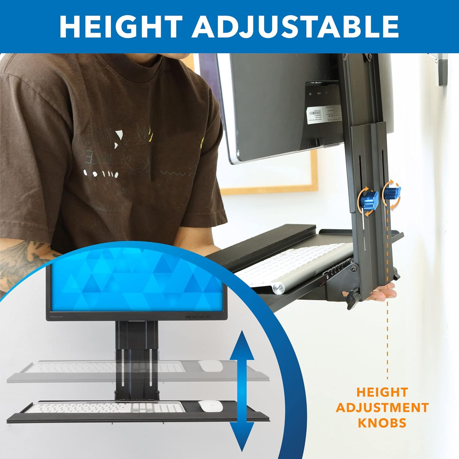 Monitor and Keyboard Wall Mount, Height Adjustable Standing VESA Keyboard Tray, 