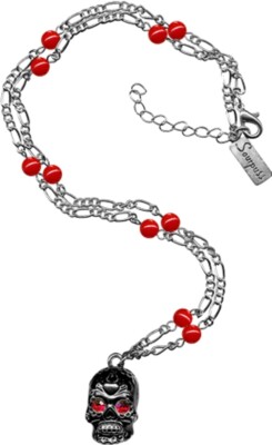 60025 Silver Sugar Skull Pendant Red Sourpuss Day of the Dead Beaded Necklace 